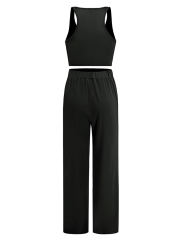 Black 3pcs Cardigan, Vest and Wide Leg Pant Lounge Set