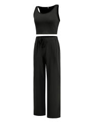 Black 3pcs Cardigan, Vest and Wide Leg Pant Lounge Set