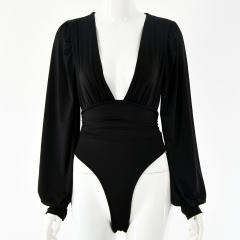 White Deep V Neck Pleated Long Sleeve Bodysuit TQK550214-2