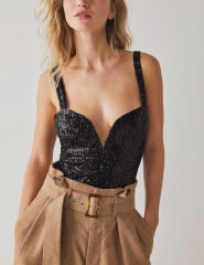 Black Splicing Lace Spaghetti Straps Sequin Bodysuit