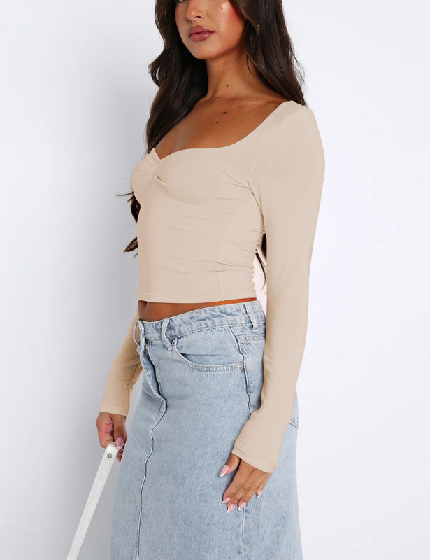 Apricot Square Neck Knit Long Sleeve Crop Tops