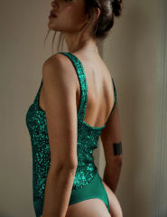 Dark green Splicing Lace Spaghetti Straps Sequin Bodysuit