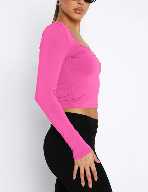 Rose Square Neck Knit Long Sleeve Crop Tops