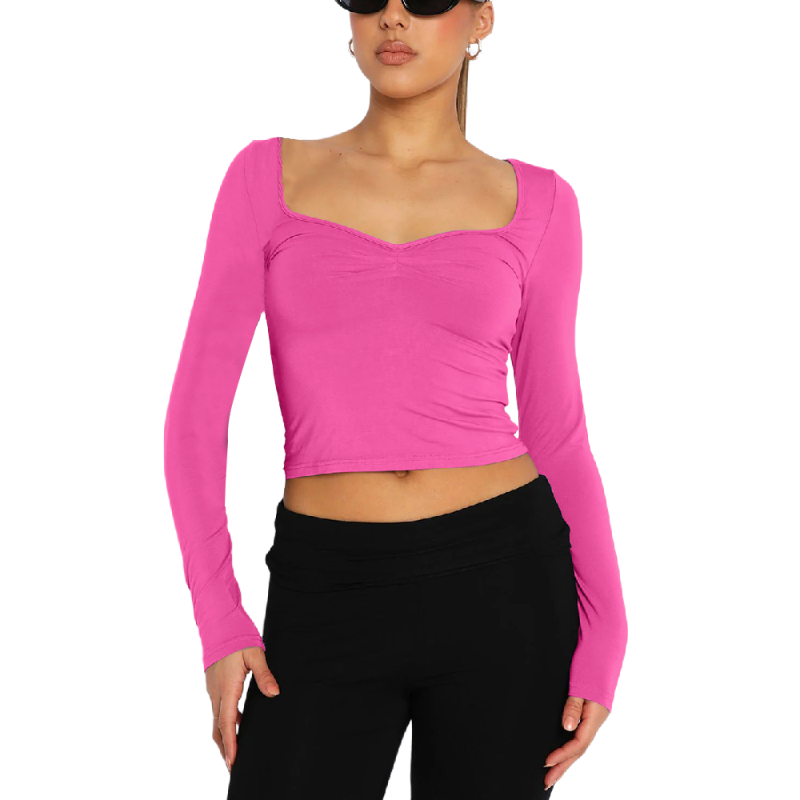 Rose Square Neck Knit Long Sleeve Crop Tops