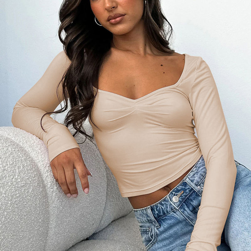 Apricot Square Neck Knit Long Sleeve Crop Tops