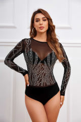 Black Rhinestone Mesh Round Neck Long Sleeve Bodysuit