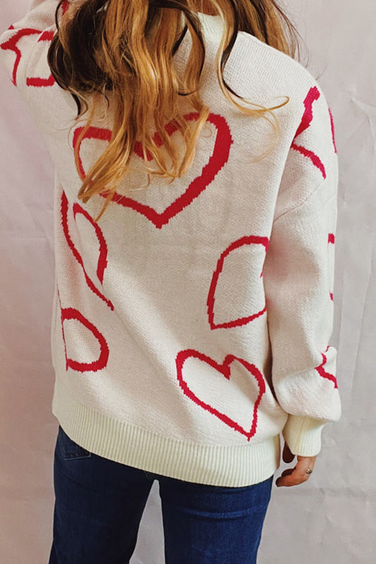 Rose Red Loose Crew Neck Valentine Heart Pattern Knit Sweater