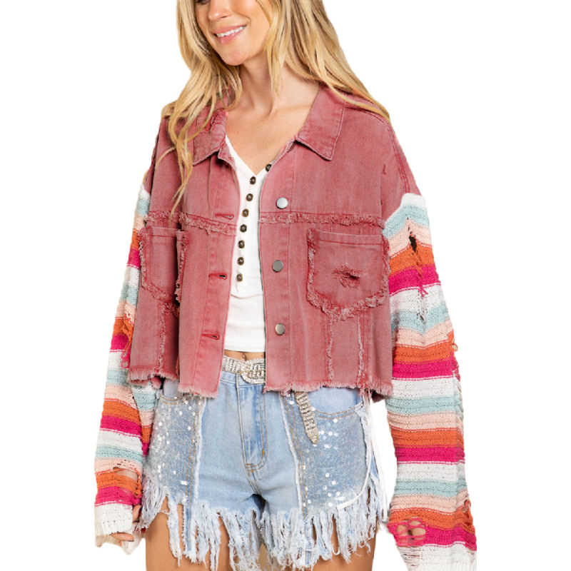 Watermelon Red Rainbow Sleeve Short Denim Jacket