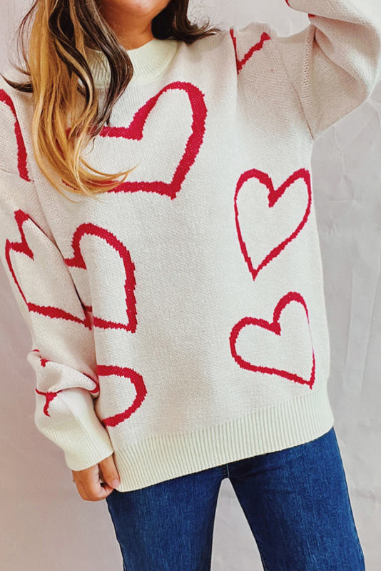 Rose Red Loose Crew Neck Valentine Heart Pattern Knit Sweater