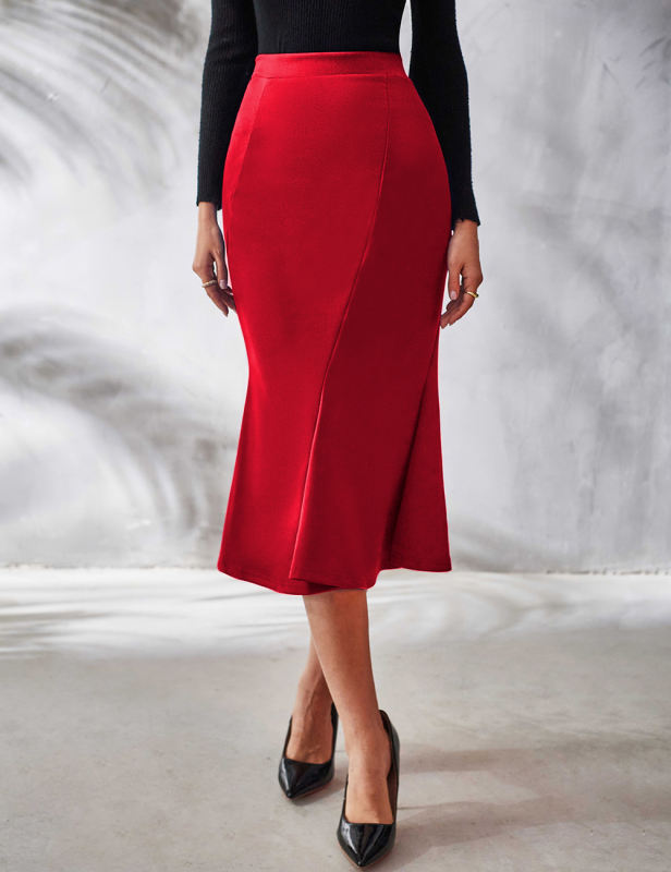 Red Mermaid Hem Office Lady Midi Skirt