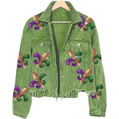 Green Corduroy Spliced Sequined Graphic Jacket