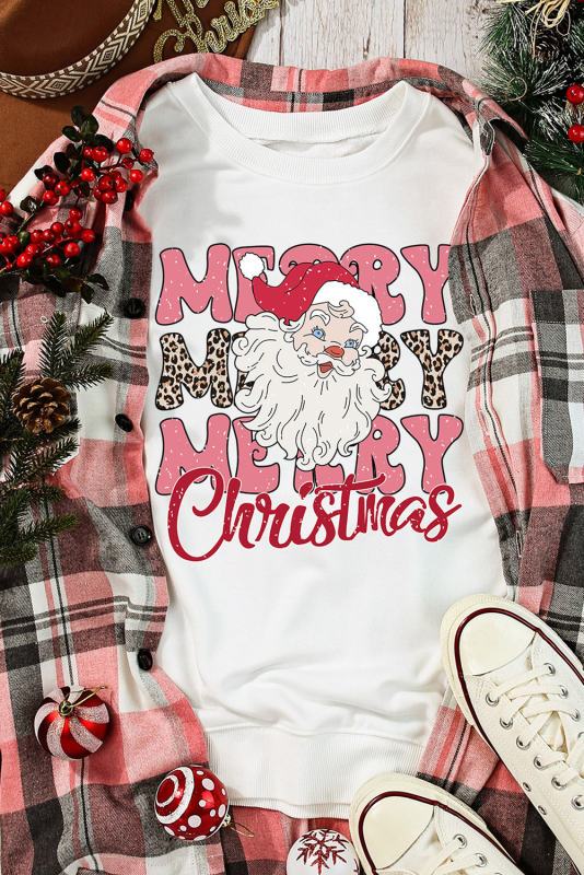 Beige MERRY Christmas Santa Claus Print Crewneck Sweatshirt