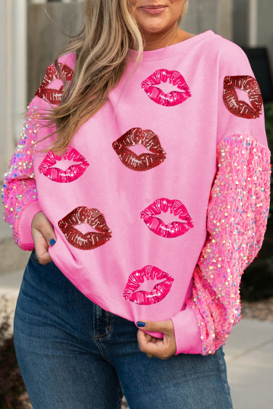 Pink Plus Size Sequin Sleeve Patchwork Valentine Kisses Sweatshirt