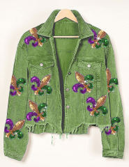 Green Corduroy Spliced Sequined Graphic Jacket