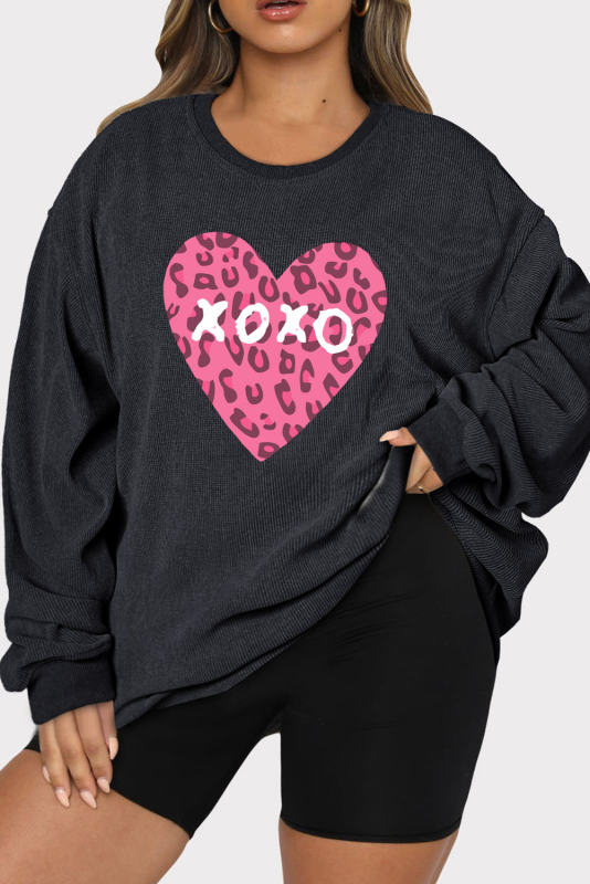 Black Plus Size Leopard XOXO Valentine Heart Graphic Corded Sweatshirt