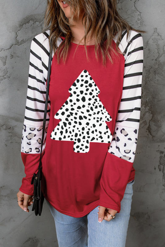 Fiery Red Leopard Christmas Tree Striped Color Block Long Sleeve Top