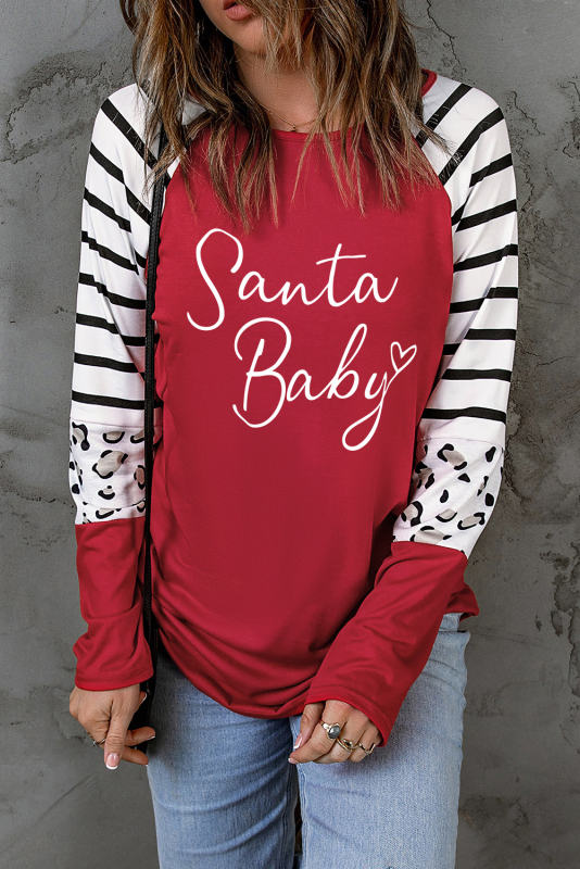 Fiery Red Christmas Santa Baby Graphic Striped Leopard Sleeves Top