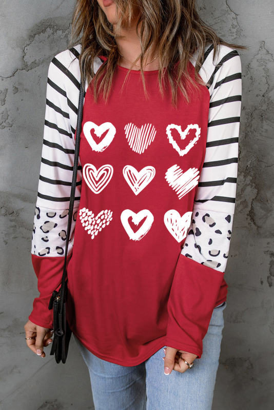 Red Valentine Heart Print Striped Leopard Colorblock Sleeve Top