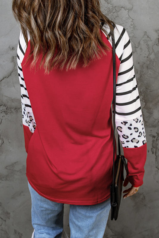 Red Valentine Heart Print Striped Leopard Colorblock Sleeve Top