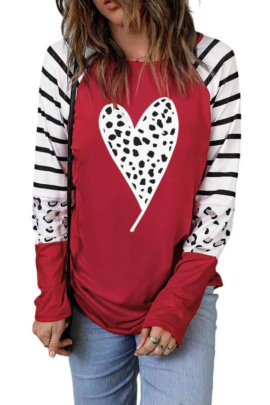 Fiery Red Valentines Leopard Heart Print Color Block Long Sleeve Top