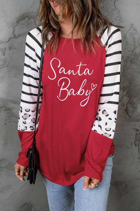Fiery Red Christmas Santa Baby Graphic Striped Leopard Sleeves Top