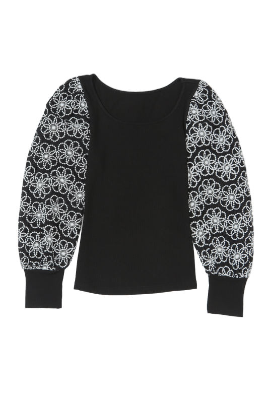 Black Flower Puff Sleeve Ribbed Knit Top