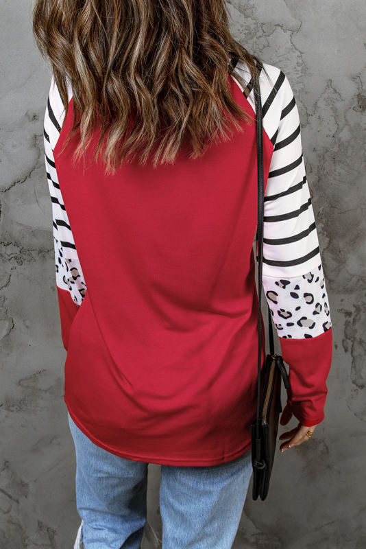 Fiery Red Valentines Leopard Heart Print Color Block Long Sleeve Top