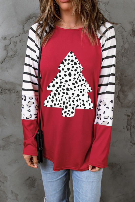 Fiery Red Leopard Christmas Tree Striped Color Block Long Sleeve Top