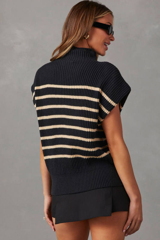 Black Striped Ribbed Knit High Neck Sweater