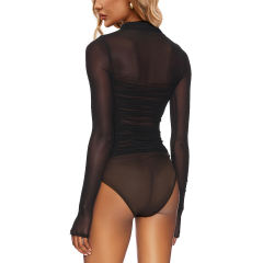 Black Mock Neck Pleated Sheer Mesh Long Sleeve Bodysuit