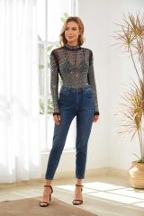 Black Geometric Spiral Print Rhinestone Mock Neck Bodysuit