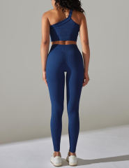 Navy Blue Rib Yoga Bra and High Wait Pant Set