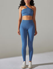 Blue Rib Yoga Bra and High Wait Pant Set