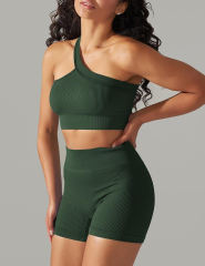 Green Rib Yoga Bra and High waist Shorts Set