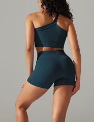 Blue-green Rib Yoga Bra and High waist Shorts Set