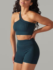 Blue-green Rib Yoga Bra and High waist Shorts Set