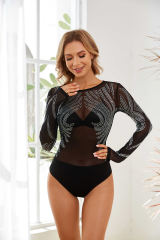Black Round Neck Rhinestone Mesh Long Sleeve Bodysuit