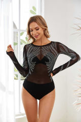Black Round Neck Rhinestone Mesh Long Sleeve Bodysuit