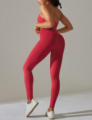 Red Seamless Knit Halter Yoga Bra and Legging Set