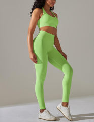 Fluorescent Green Seamless Knit Halter Yoga Bra and Legging Set