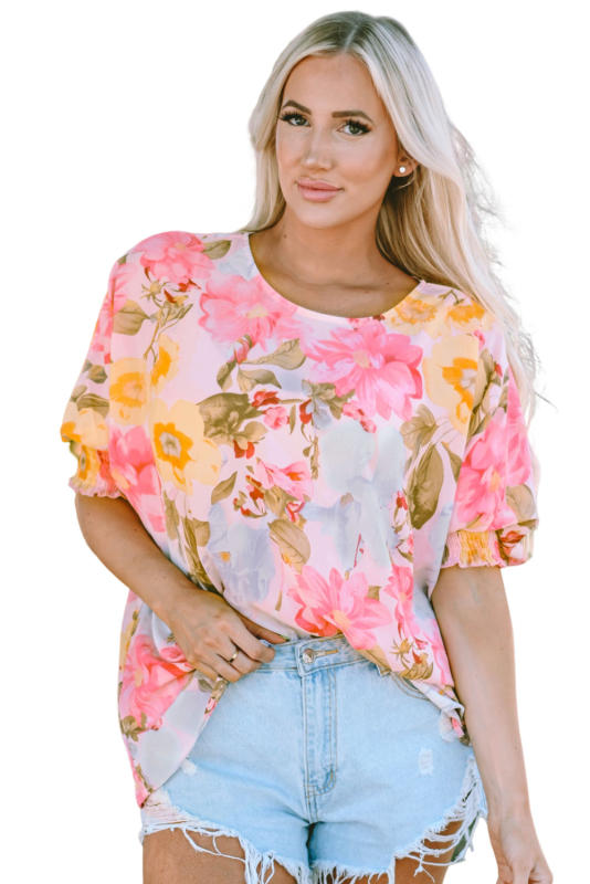 Pink Shirred Cuff 3/4 Sleeve Loose Fit Floral Blouse