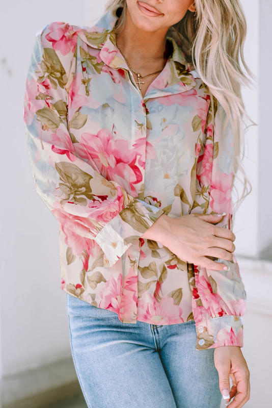 Pink All Floral Puff Sleeve Collared Shirt