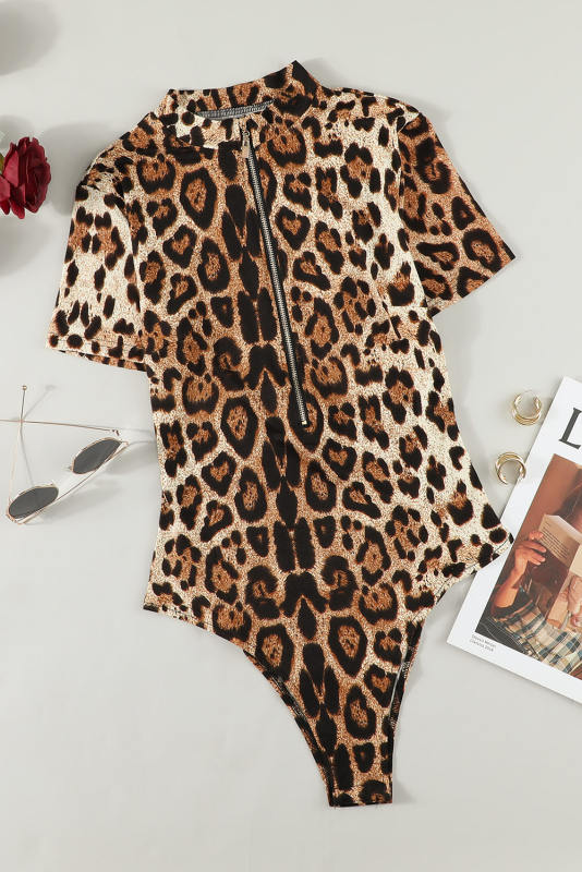 Leopard Print Gold O-Ring Zipper Bodysuit