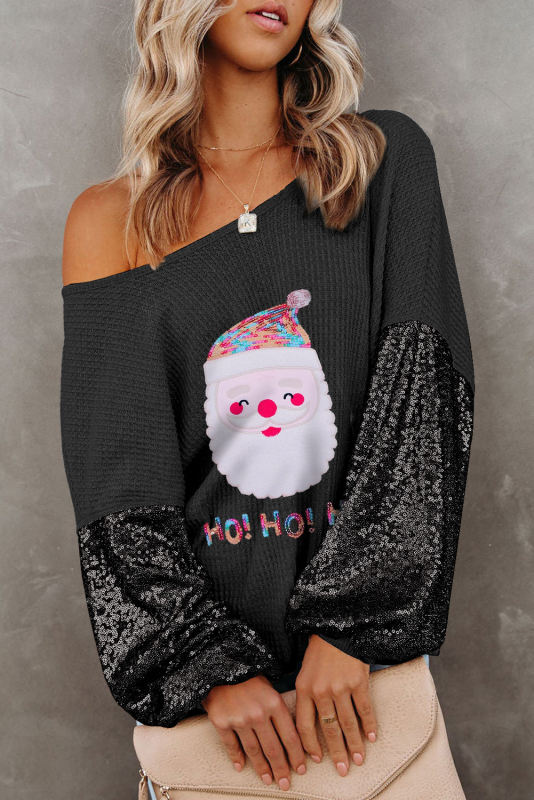 Black Santa Claus Sequin Sleeve Open Back Waffle Top