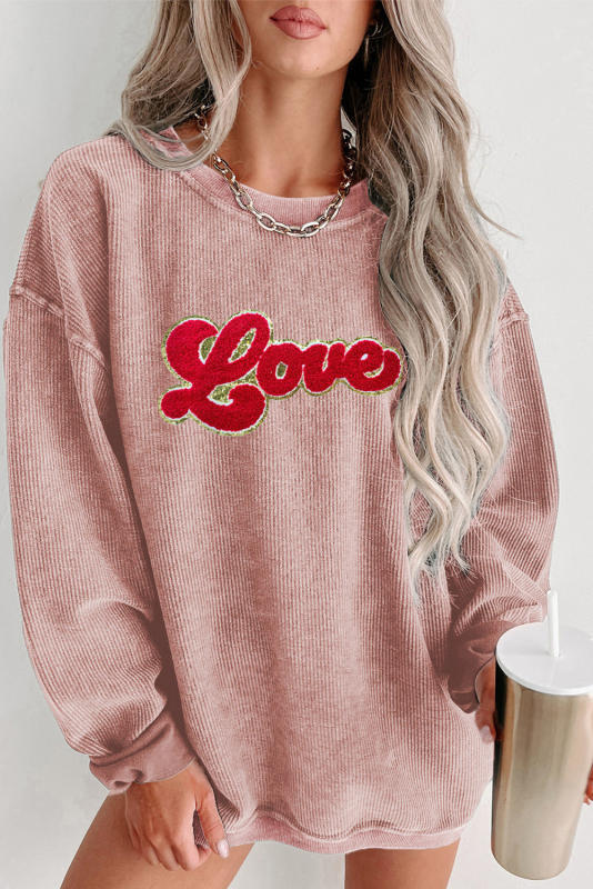 Pink Glitter Love Chenille Patch Corded Sweatshirt