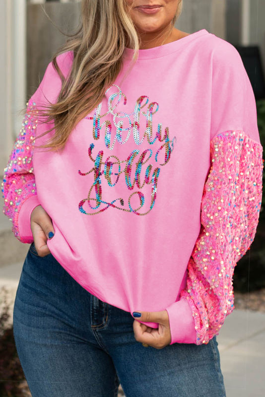 Pink Colorful holly jolly Graphic Sequined Sleeve Curvy Sweatshirt
