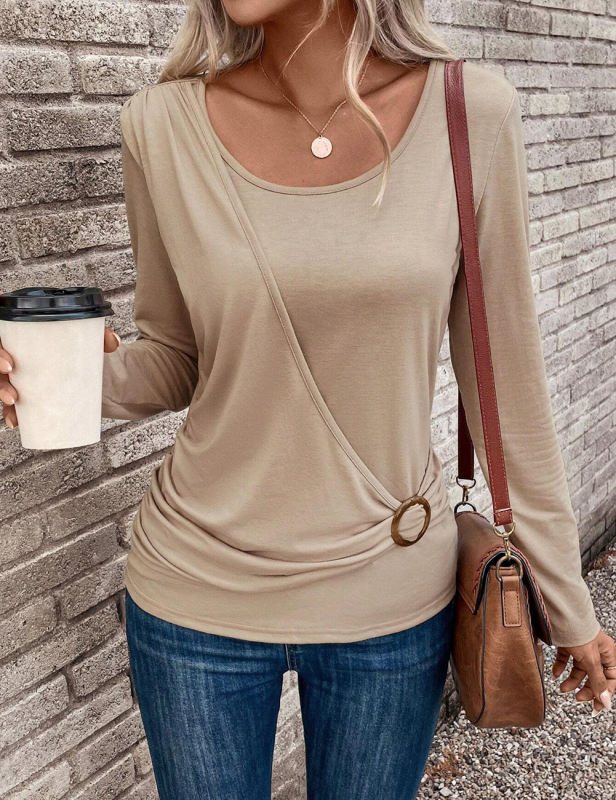 Apricot Round neck Buckle Pleated Waist Long Sleeve Tops
