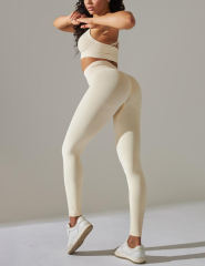 Beige Crisscross Back Yoga Bra and High Waist Legging Set