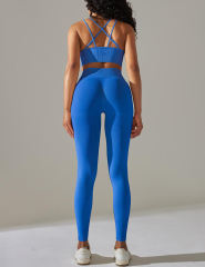 Blue Crisscross Back Yoga Bra and High Waist Legging Set