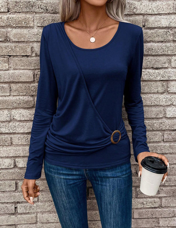 Blue Round neck Buckle Pleated Waist Long Sleeve Tops